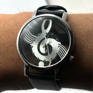 Silver & Black Music Note Men's Watch